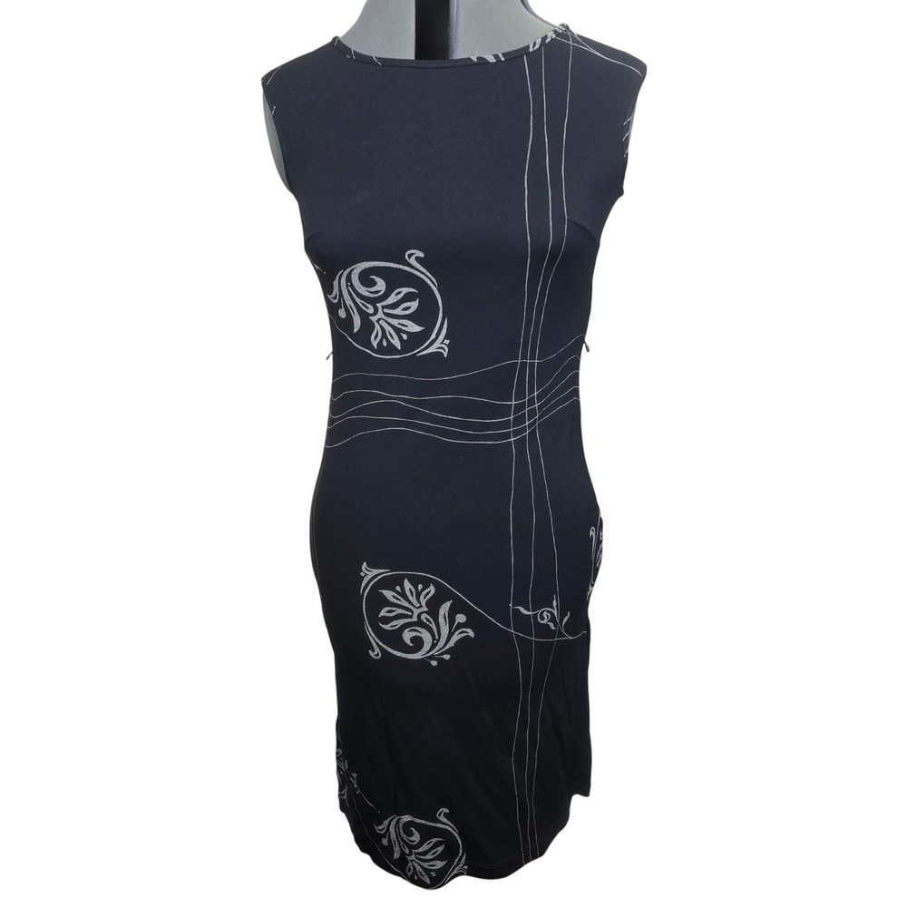 BCBG Dresses Vintage Y2K Black Graphic Print Sleeveless Midi Dress Size‎ S USA